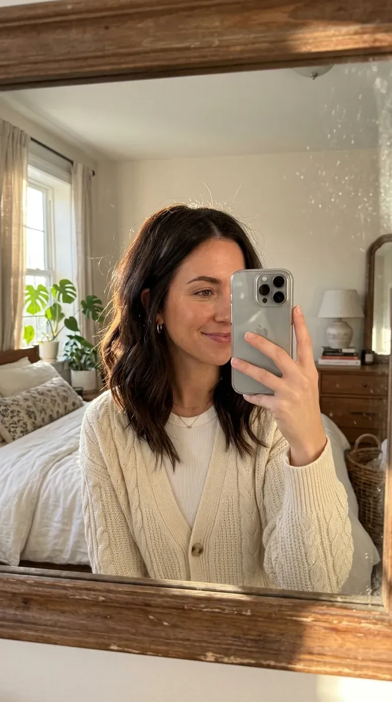 Woman taking an iPhone mirror selfie showing a rich brunette long angled bob with soft waves.