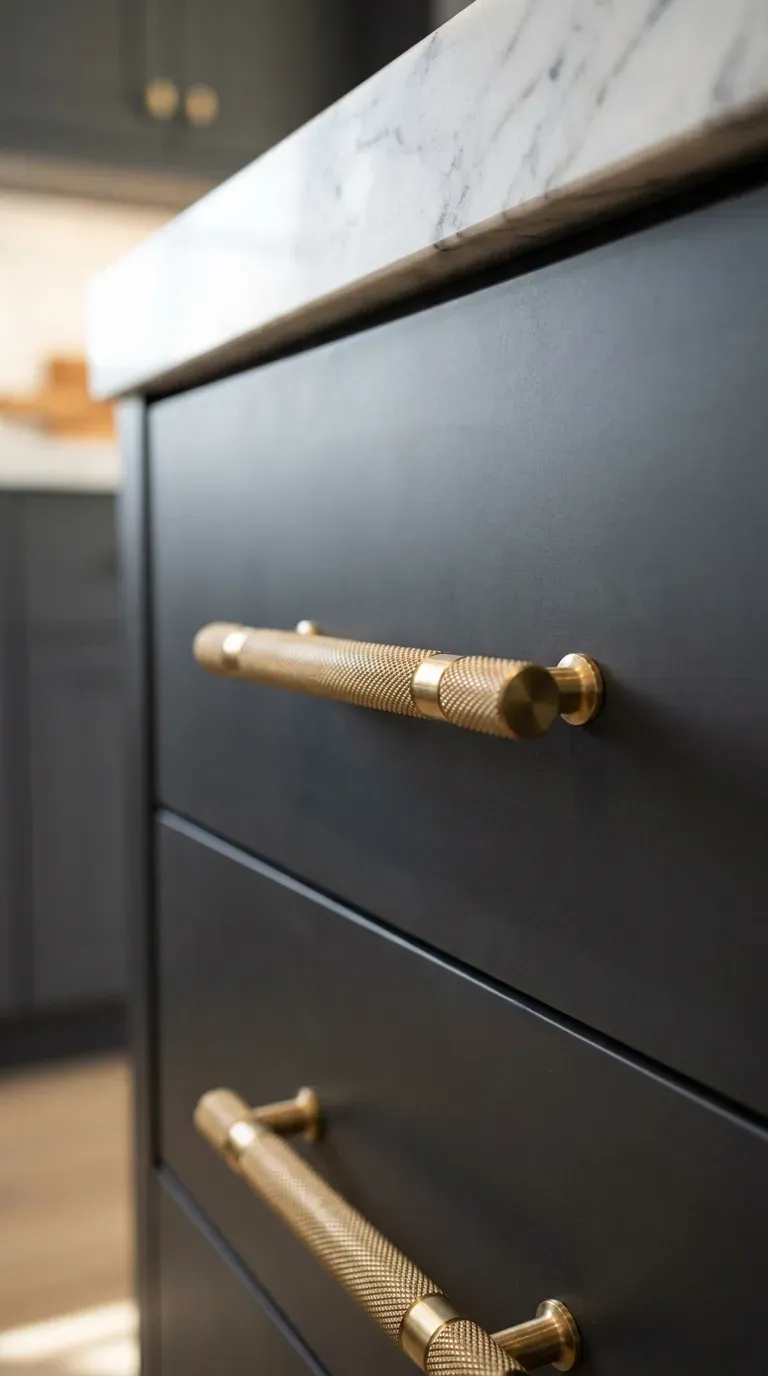 knurled brushed brass T-bar handles installed on deep charcoal kitchen drawers