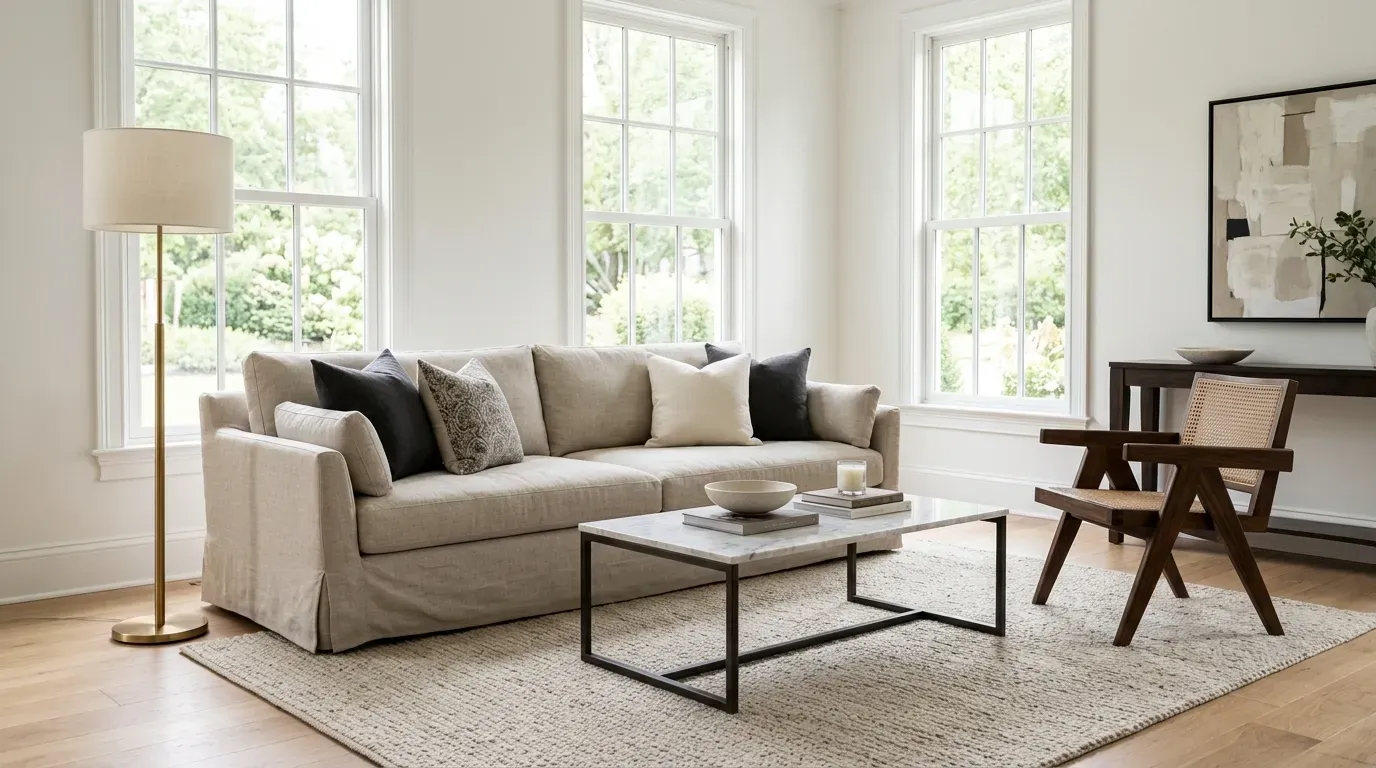 wide shot of a bright living room blending classic traditional and modern furniture