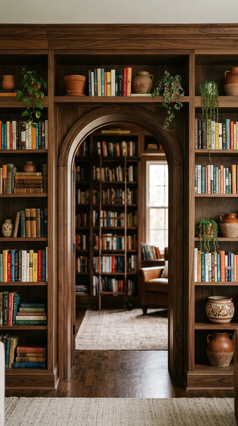 12 Genius One Bedroom Apartment Ideas That Maximize Space 5 floor to ceiling built in white bookshelves framing an open apartment living room doorway