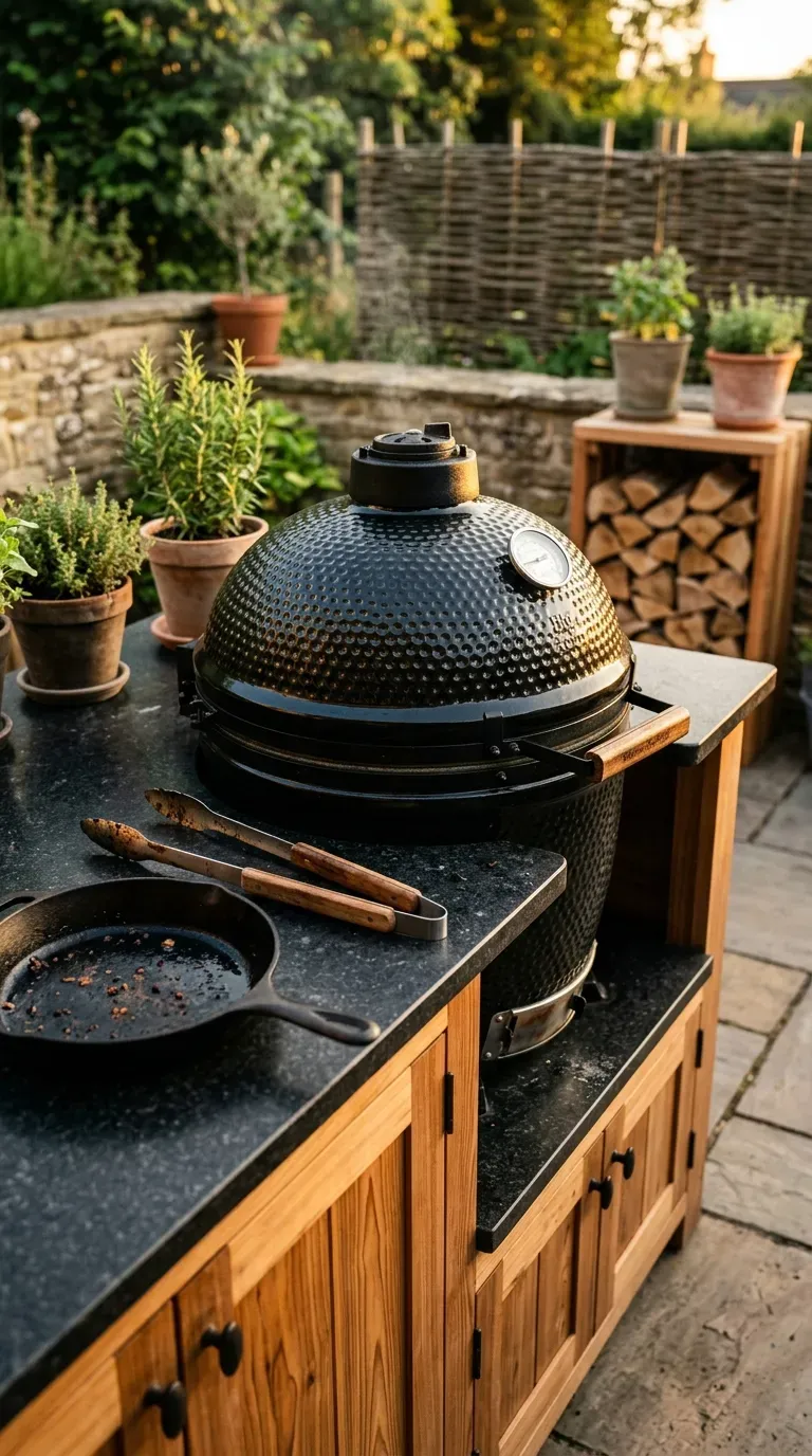 ceramic kamado smoker grill integrated into dark granite and cedar outdoor kitchen island