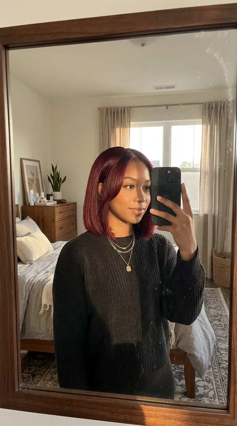 Woman taking an iPhone mirror selfie showing a sleek burgundy bob weave with soft face framing.