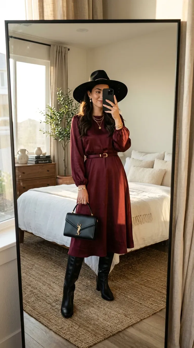 Woman wearing burgundy witch-inspired Halloween outfit with boots hat and elegant accessories.