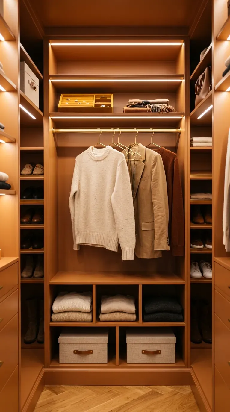 11 Cozy Color Drenched Interior Ideas for Small Spaces 11 small boutique walk-in closet drenched in burnt caramel paint with matching shelving and LED lights