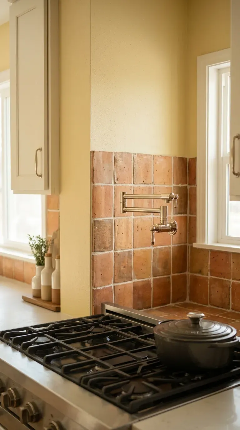 10 Modern Kitchen Color Ideas That Are Trending for 2026 4 warm butter yellow kitchen walls paired with rustic terracotta square backsplash tiles