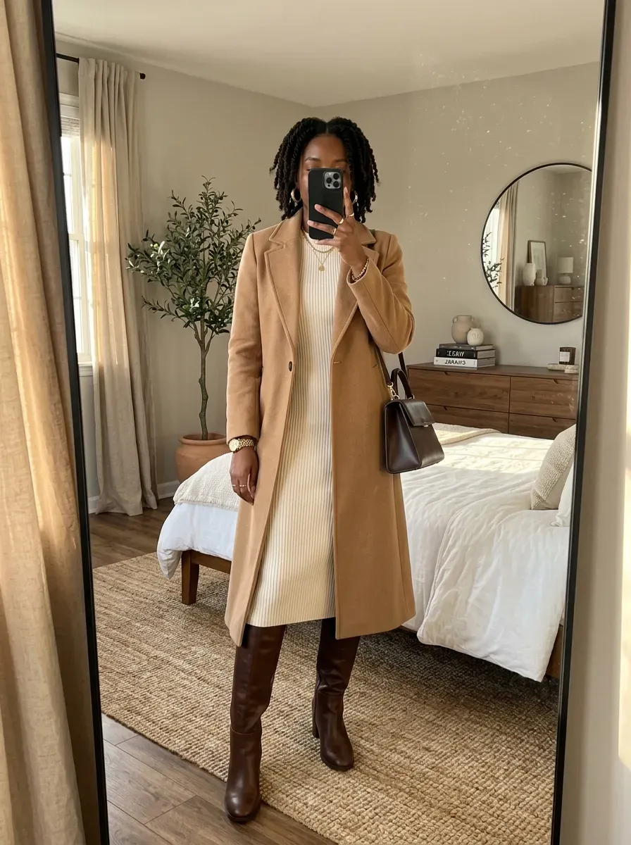 Black woman wearing a camel coat over a cream knit dress for an elegant fall outfit.