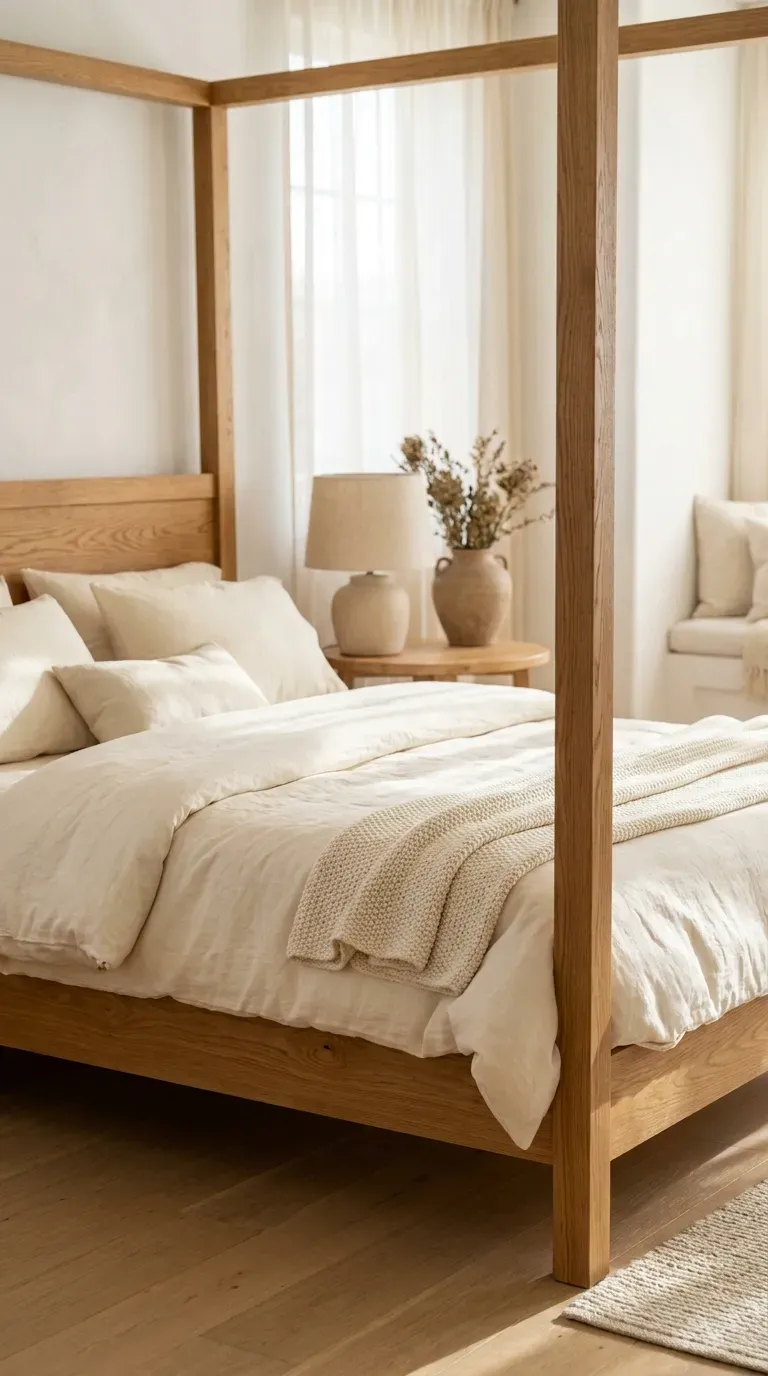 wooden four poster canopy bed styled with neutral linens in a bright bedroom