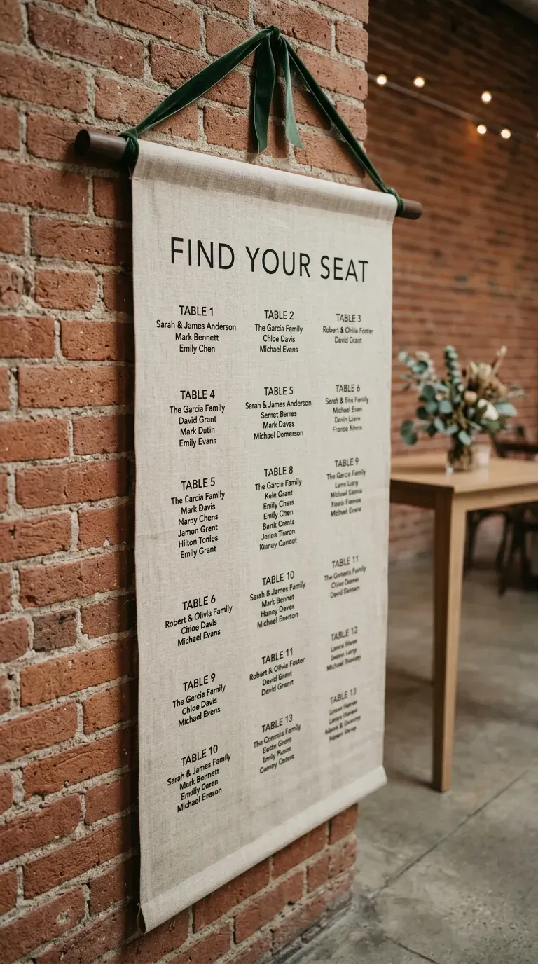 11 Gorgeous Wedding Cricut Projects You'll Want to Copy 6 large natural linen canvas banner wedding seating chart hanging from a dark wood dowel