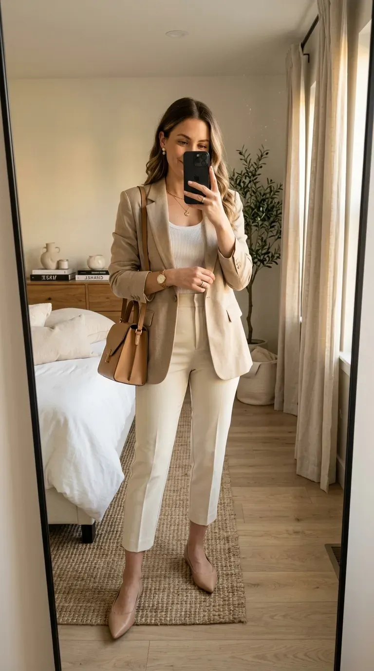 Capri Pants Outfit Ideas: 15 Chic Looks You'll Want to Wear All Season 4 Woman wearing a beige blazer with cream capri pants for a polished outfit.