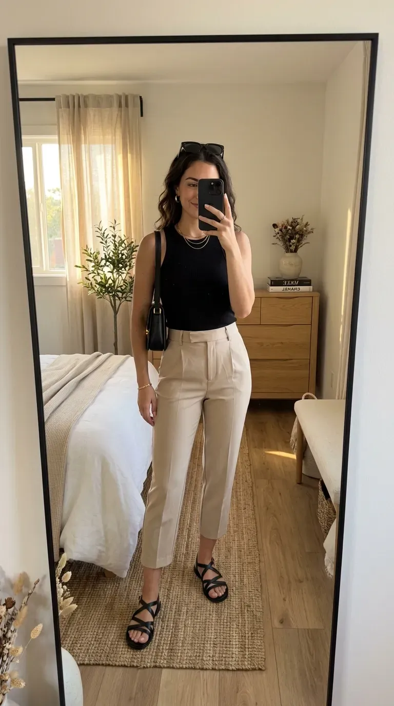 Capri Pants Outfit Ideas: 15 Chic Looks You'll Want to Wear All Season 9 Woman wearing a black ribbed tank with beige capri pants for a chic minimalist outfit.