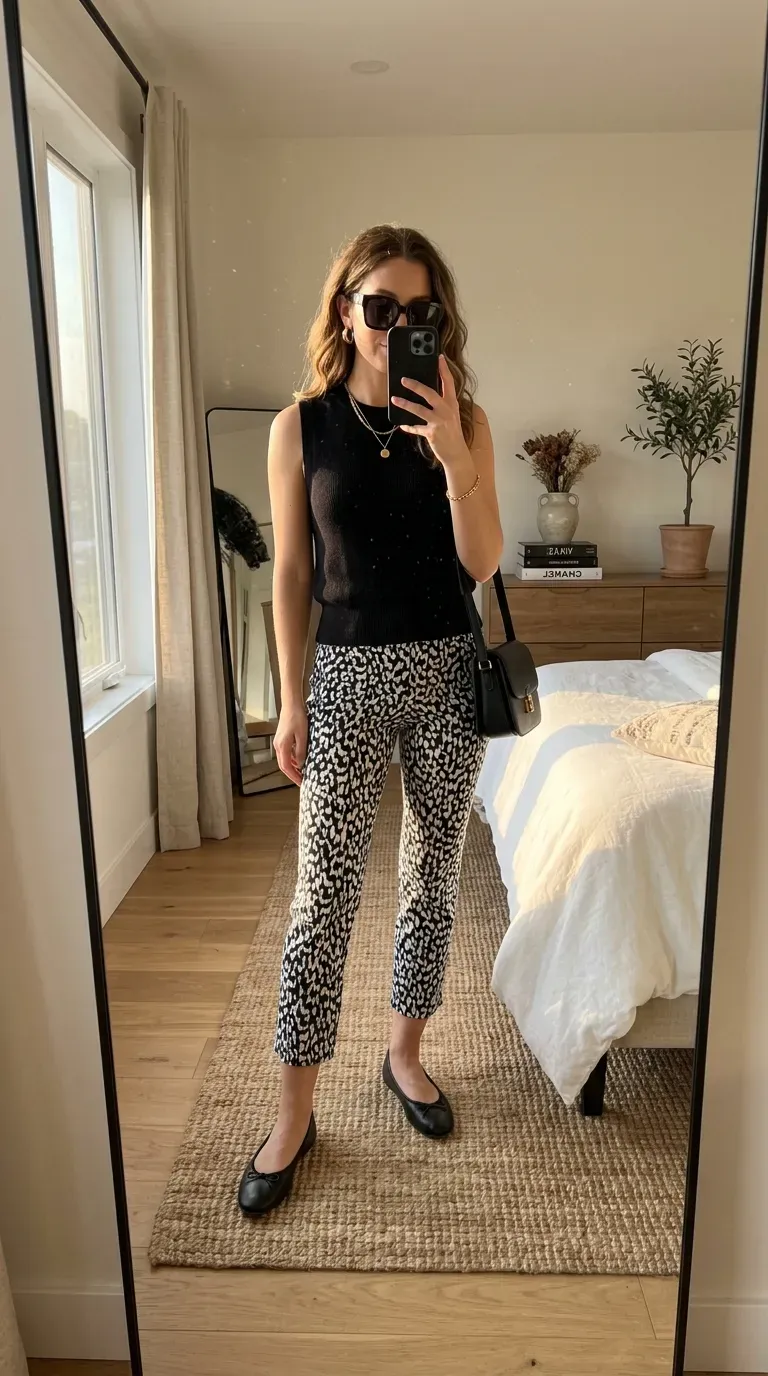 Capri Pants Outfit Ideas: 15 Chic Looks You'll Want to Wear All Season 5 Woman wearing a black sleeveless top with printed capri pants for a stylish summer outfit.
