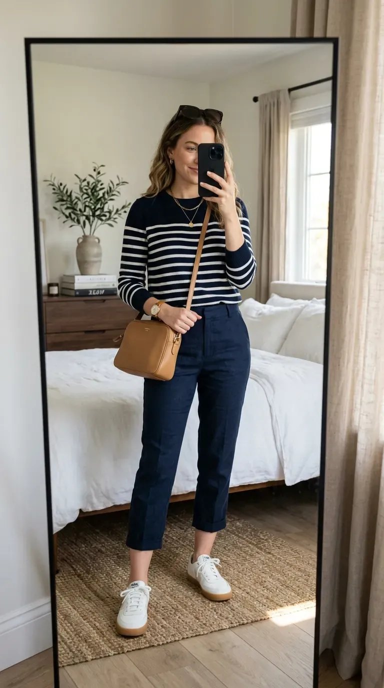 Capri Pants Outfit Ideas: 15 Chic Looks You'll Want to Wear All Season 14 Woman wearing a Breton stripe sweater with navy capri pants for a classic everyday outfit.