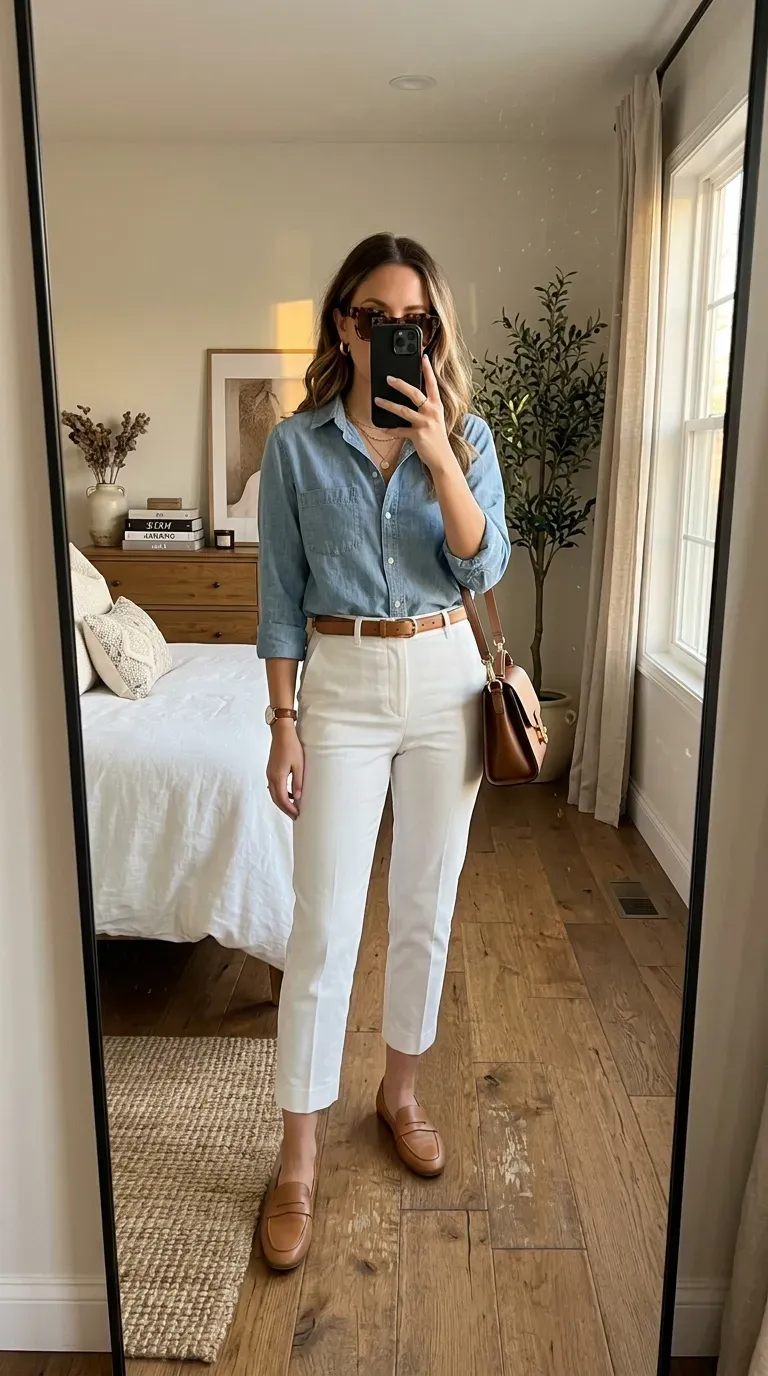 Capri Pants Outfit Ideas: 15 Chic Looks You'll Want to Wear All Season 8 Woman wearing a chambray shirt with white capri pants for a fresh everyday outfit.