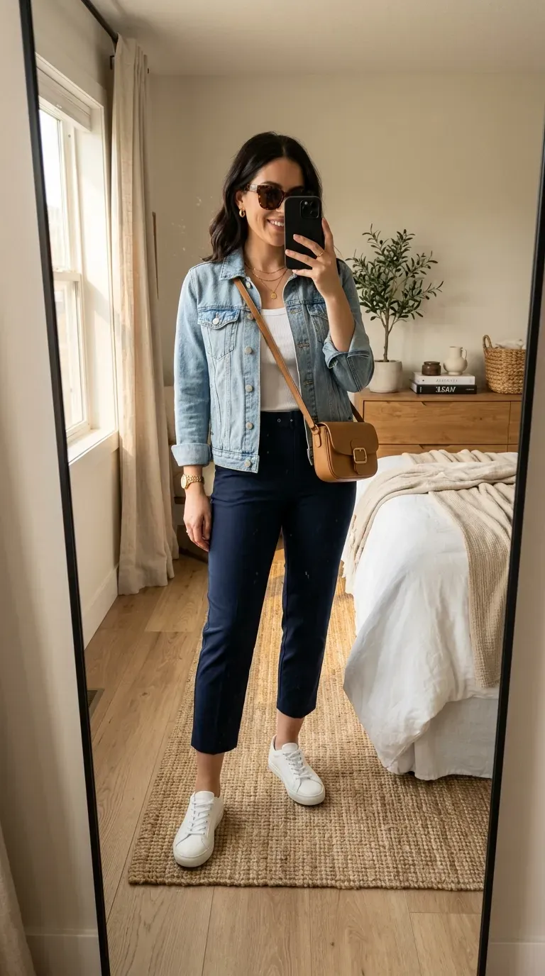 Capri Pants Outfit Ideas: 15 Chic Looks You'll Want to Wear All Season 6 Woman wearing a denim jacket with navy capri pants for a casual everyday outfit.
