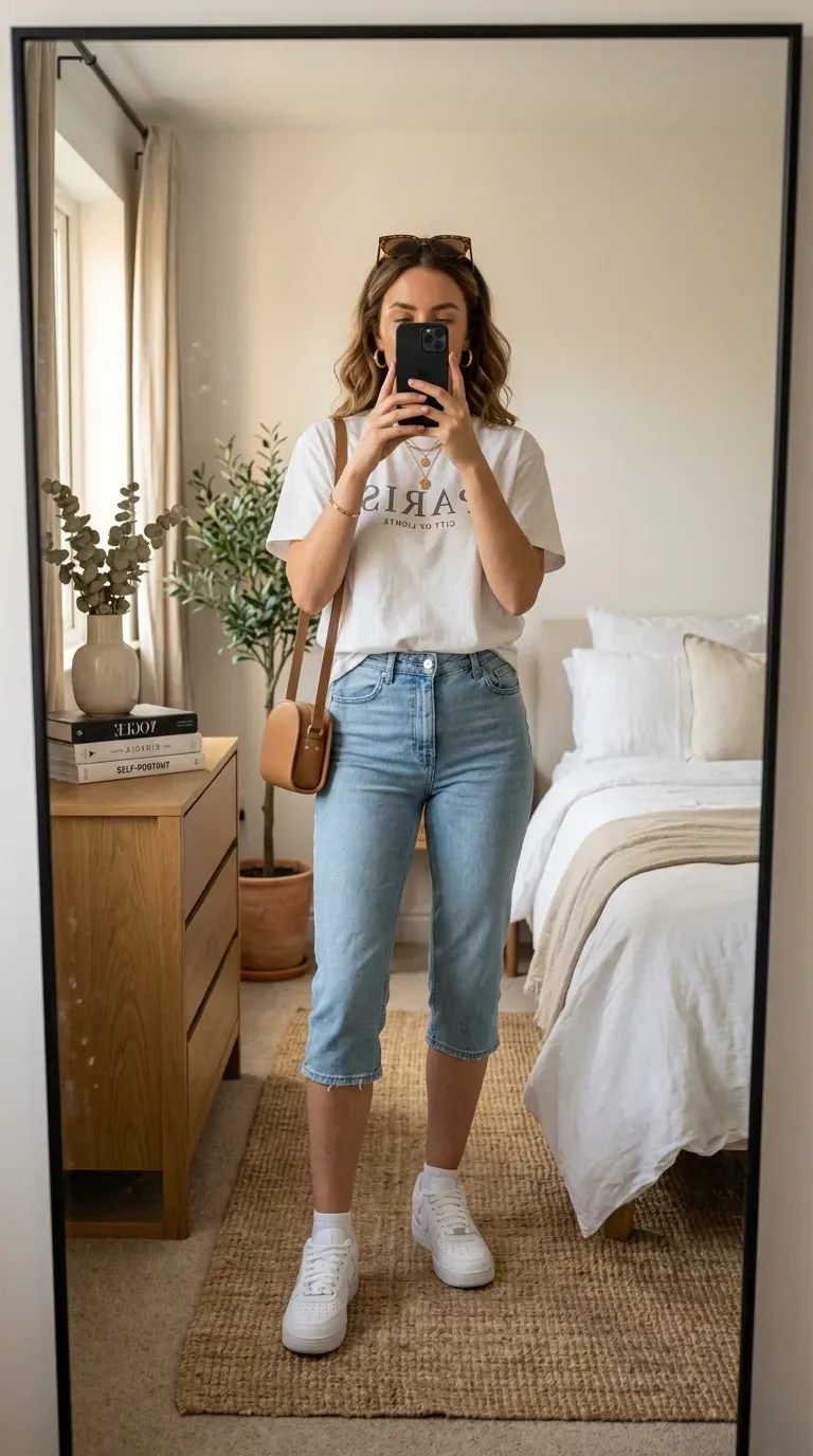 Capri Pants Outfit Ideas: 15 Chic Looks You'll Want to Wear All Season 12 Woman wearing a graphic T-shirt with denim capri pants for a casual everyday outfit.