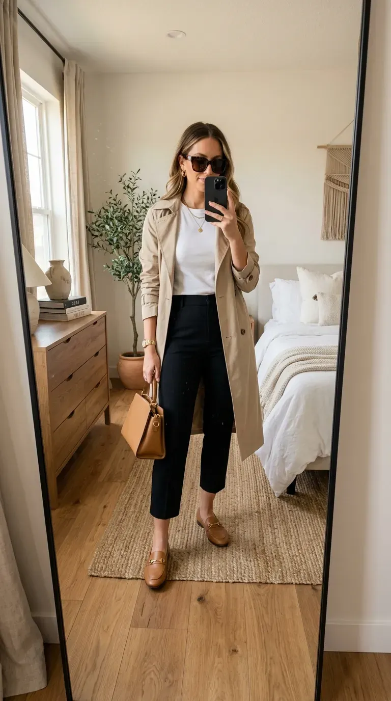 Capri Pants Outfit Ideas: 15 Chic Looks You'll Want to Wear All Season 16 Woman wearing a lightweight trench coat with black capri pants for a polished transitional outfit.
