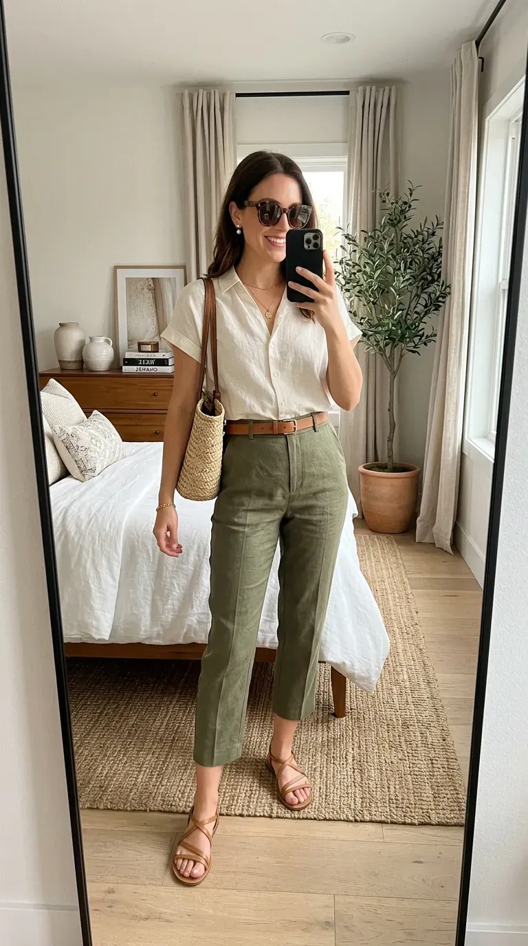 Capri Pants Outfit Ideas: 15 Chic Looks You'll Want to Wear All Season 7 Woman wearing a linen blouse with olive green capri pants for a chic casual outfit.