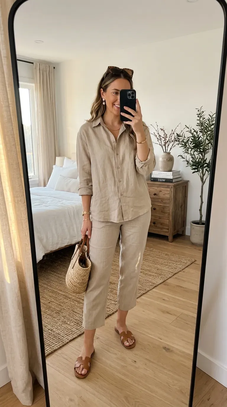 Capri Pants Outfit Ideas: 15 Chic Looks You'll Want to Wear All Season 13 Woman wearing a matching linen shirt and capri pants set for a chic summer outfit.