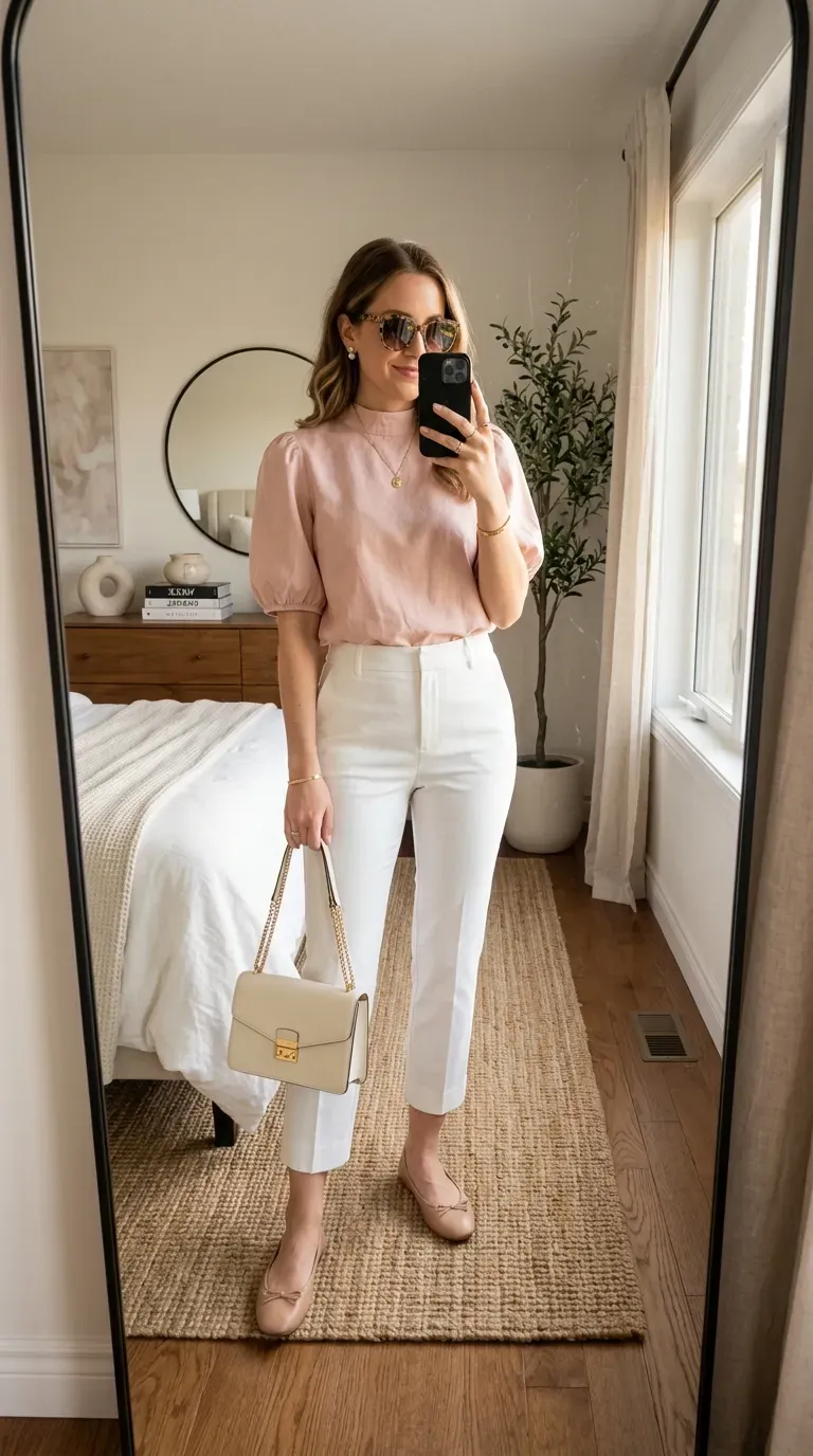 Capri Pants Outfit Ideas: 15 Chic Looks You'll Want to Wear All Season 15 Woman wearing a puff sleeve blouse with white capri pants for an elegant summer outfit.