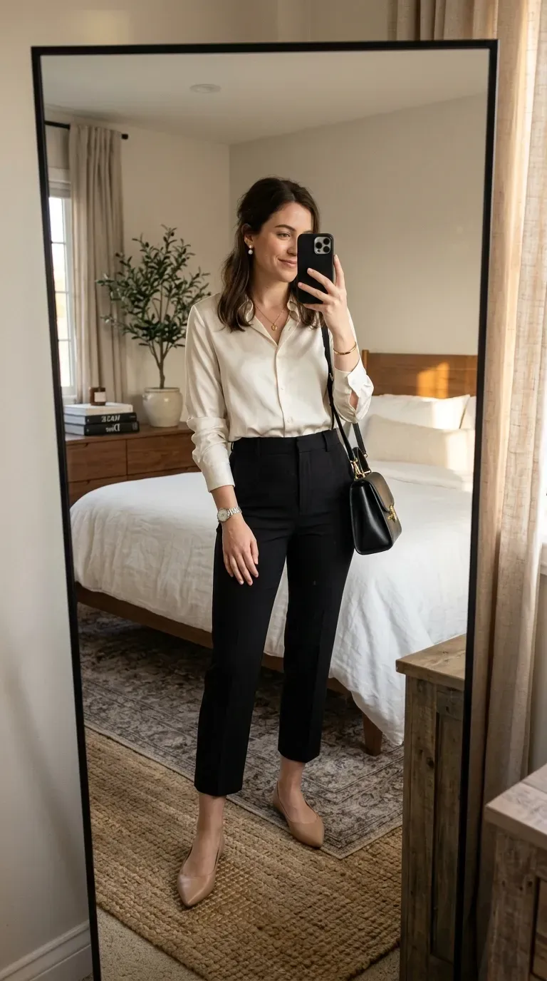 Capri Pants Outfit Ideas: 15 Chic Looks You'll Want to Wear All Season 11 Woman wearing a satin blouse with black capri pants for an elegant smart-casual outfit.