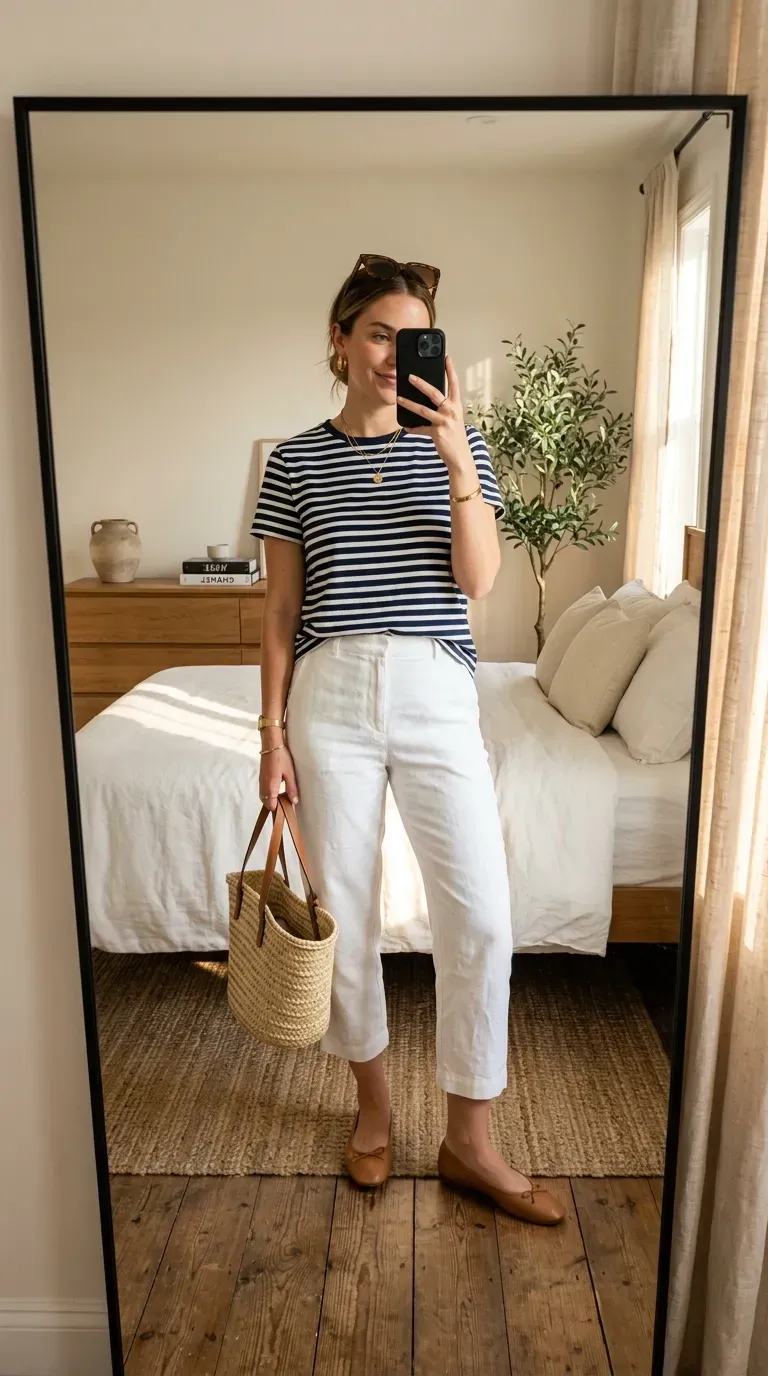Capri Pants Outfit Ideas: 15 Chic Looks You'll Want to Wear All Season 3 Woman wearing a striped T-shirt with white capri pants for a fresh summer outfit.