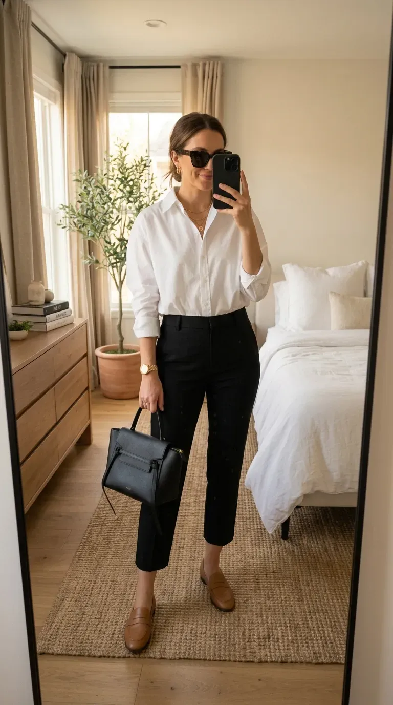 Capri Pants Outfit Ideas: 15 Chic Looks You'll Want to Wear All Season 2 Woman wearing a white button-down shirt with black capri pants for a chic everyday outfit.
