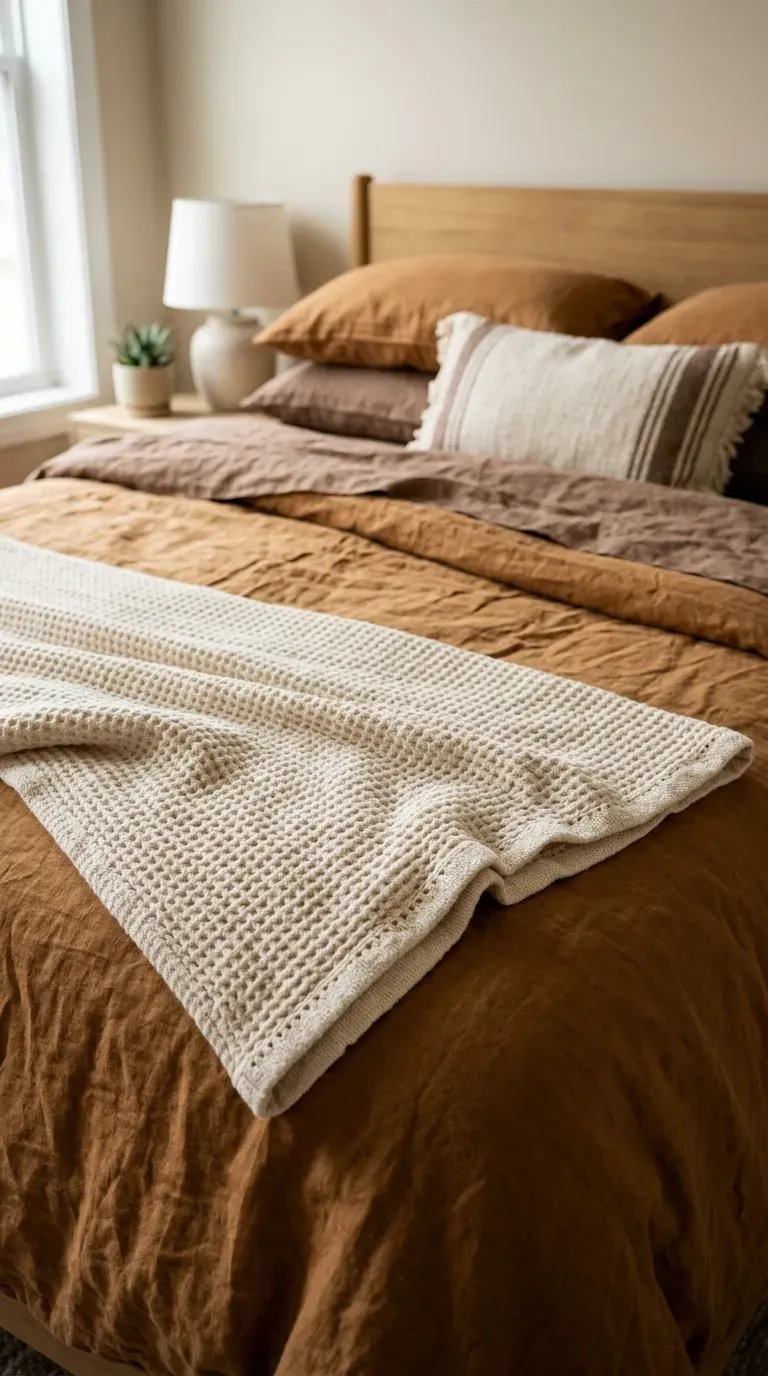 13 Genius Brown Bedroom Ideas You Will Want to Copy ASAP 3 cozy layered bed styled with caramel linen sheets and cream waffle weave blanket