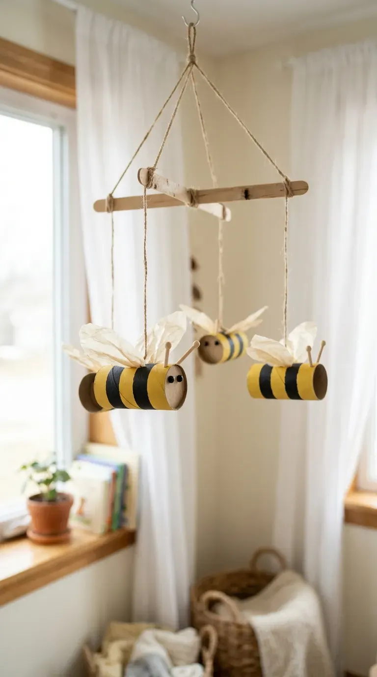 recycled cardboard tube bumblebee mobile with wax paper wings hanging from wooden sticks