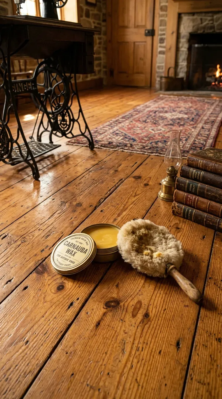 Tin of carnauba wax on antique, hand-scraped wooden floors
