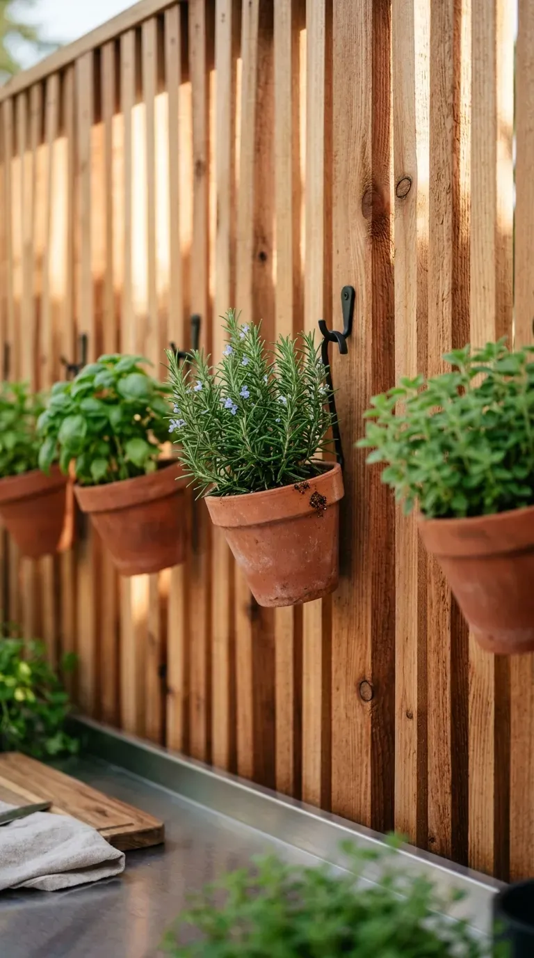 slatted cedar wood privacy screen behind outdoor grill with hanging pots of fresh herbs