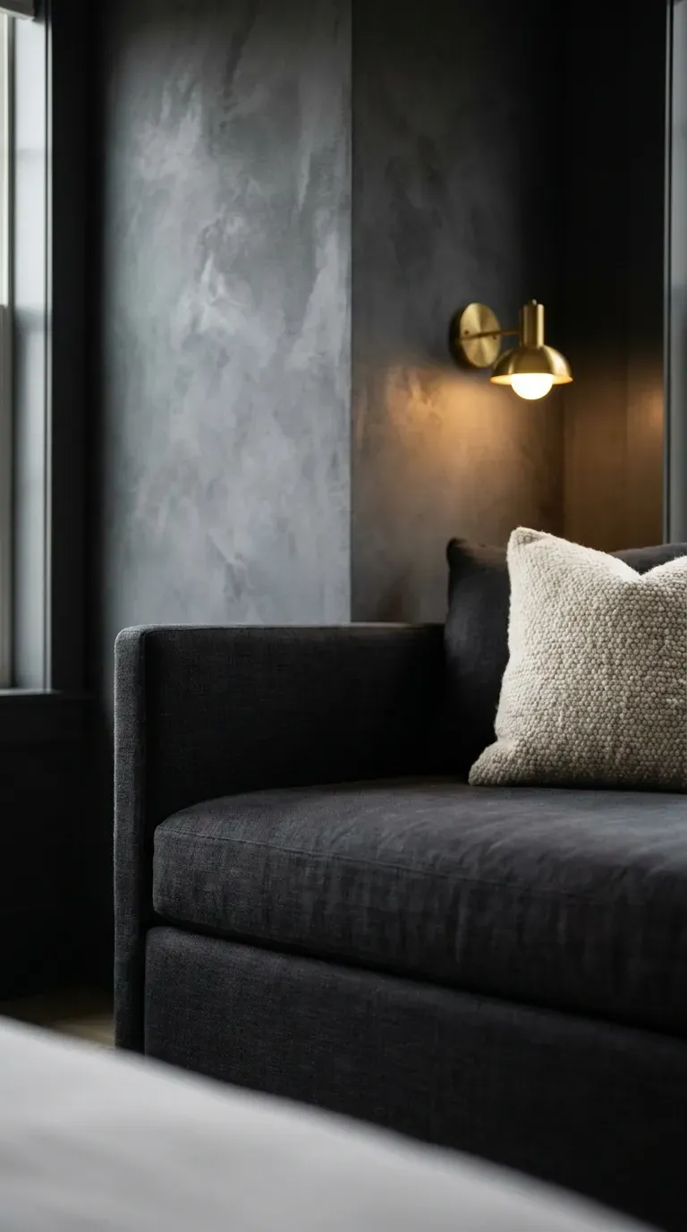 dark charcoal upholstered daybed set against textured charcoal limewash walls