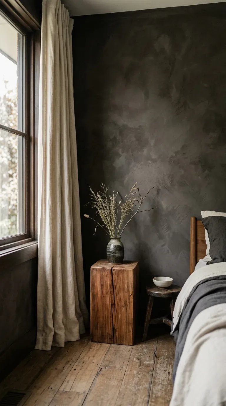 textured charcoal espresso limewash paint finish on modern bedroom walls