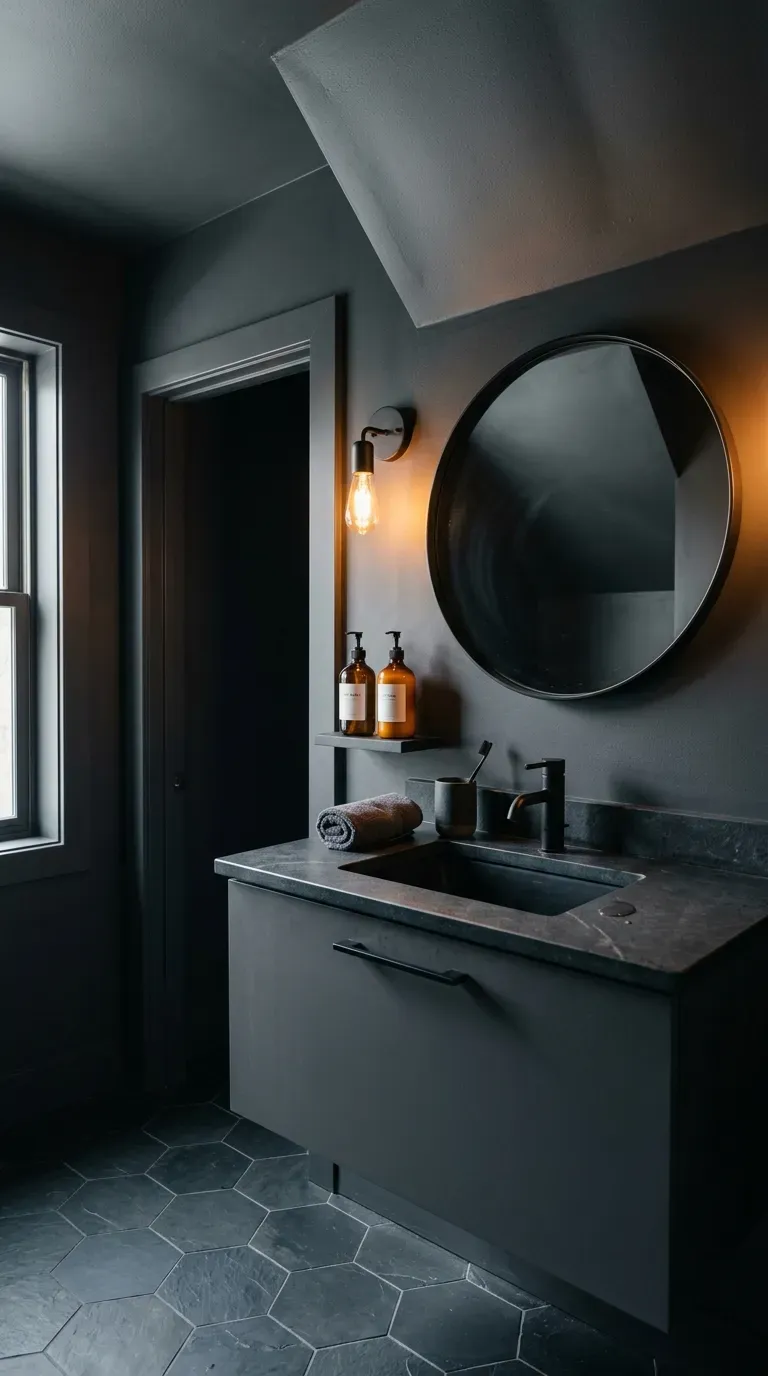 11 Cozy Color Drenched Interior Ideas for Small Spaces 12 small bathroom drenched in charcoal grey paint across walls ceiling and door frame