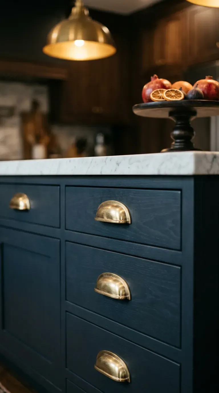 10 Modern Kitchen Color Ideas That Are Trending for 2026 3 charcoal navy painted kitchen island accented with brushed brass drawer cup pulls