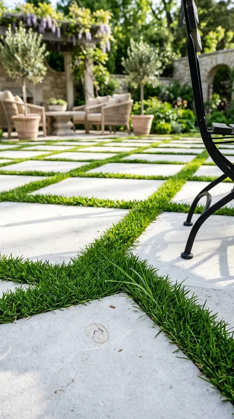 graphic checkerboard patio with white limestone pavers and green grass joints