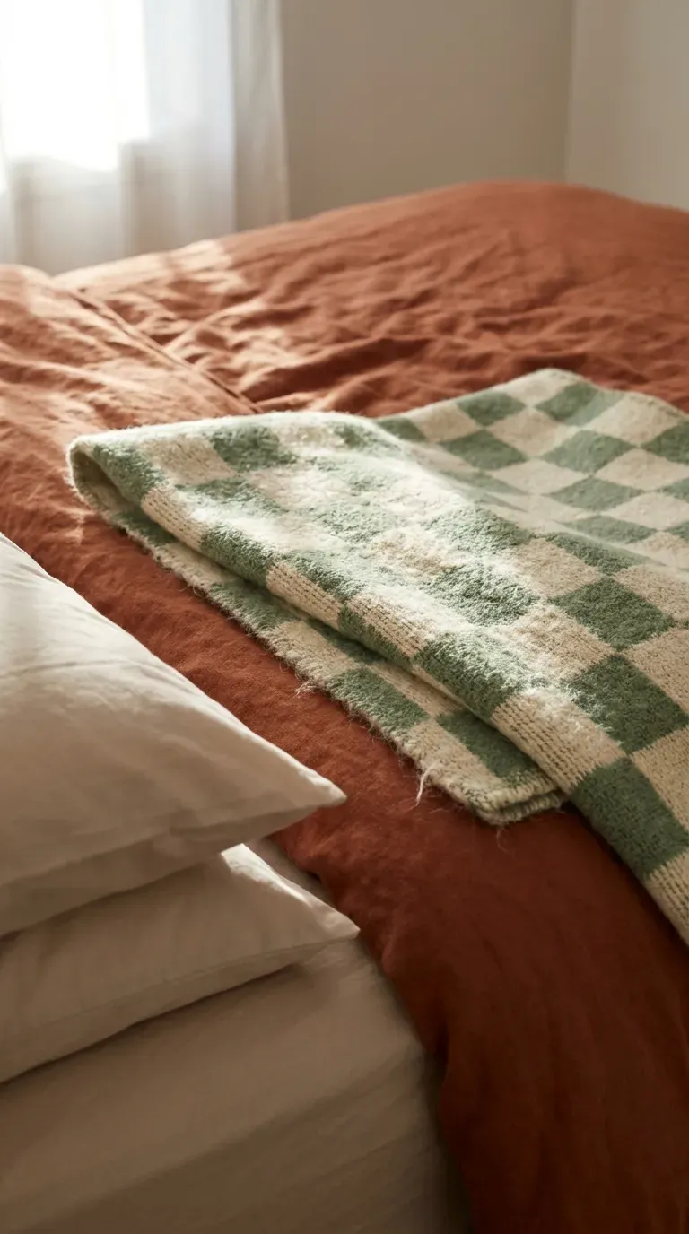 12 Stunning Retro Bedroom Ideas That Look Insanely Chic 6 sage green and cream checkerboard woven throw blanket folded on a retro styled bed