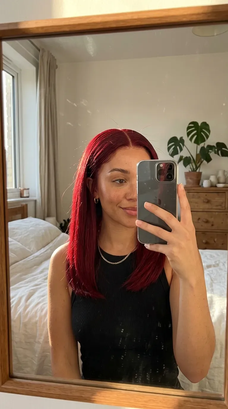 Woman taking an iPhone mirror selfie showing sleek cherry red straight weave with a clean middle part.
