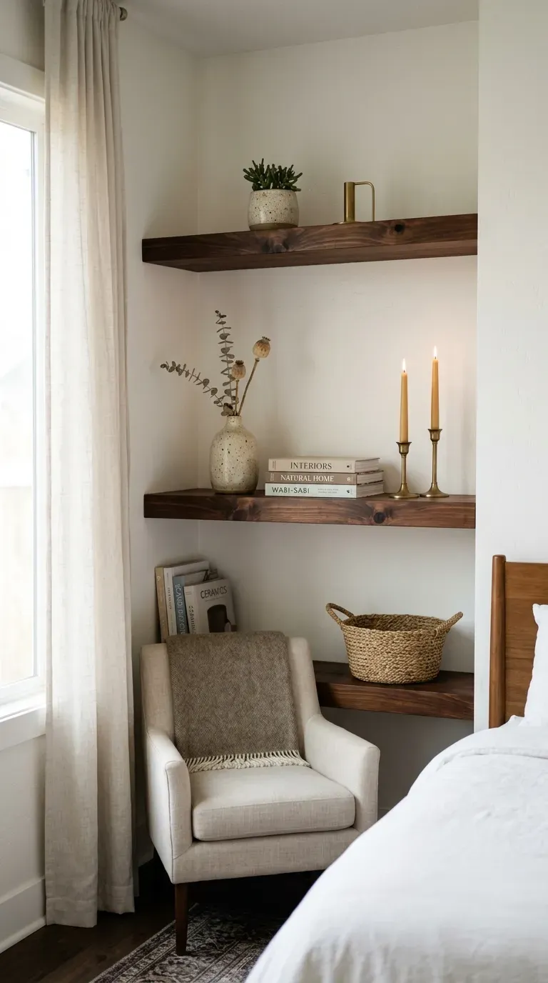 13 Genius Brown Bedroom Ideas You Will Want to Copy ASAP 9 tiered dark chestnut floating corner shelves styled with pottery and books