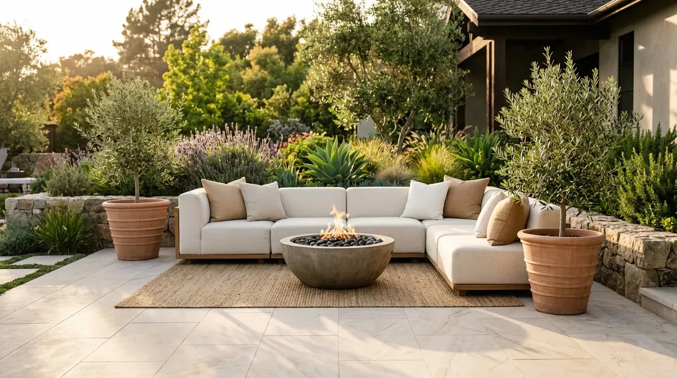 modern luxury backyard patio with outdoor sectional, concrete fire bowl, and pergola
