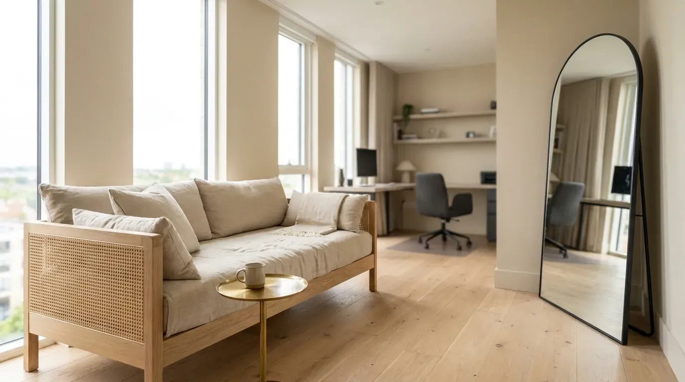 wide view of an elegant multipurpose guest room and office styled with a daybed