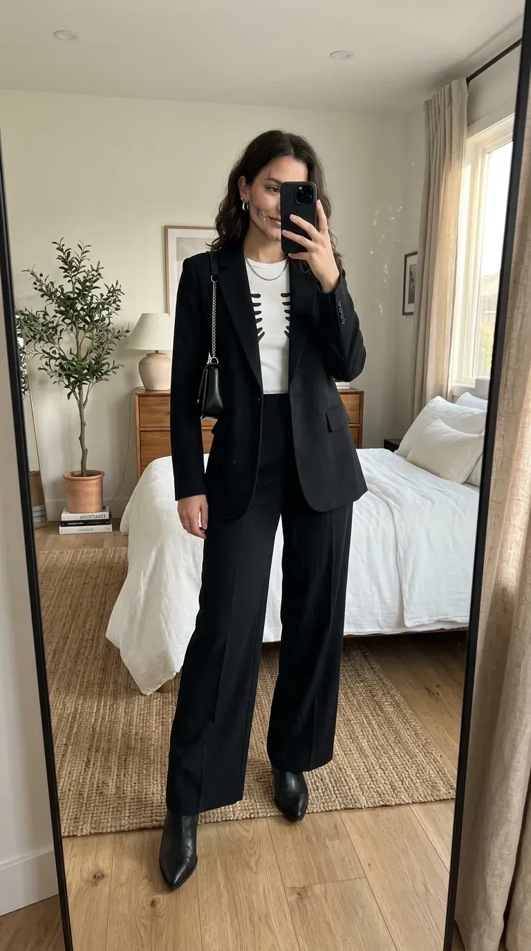 Woman wearing chic skeleton-inspired Halloween outfit with black white clothing and accessories.