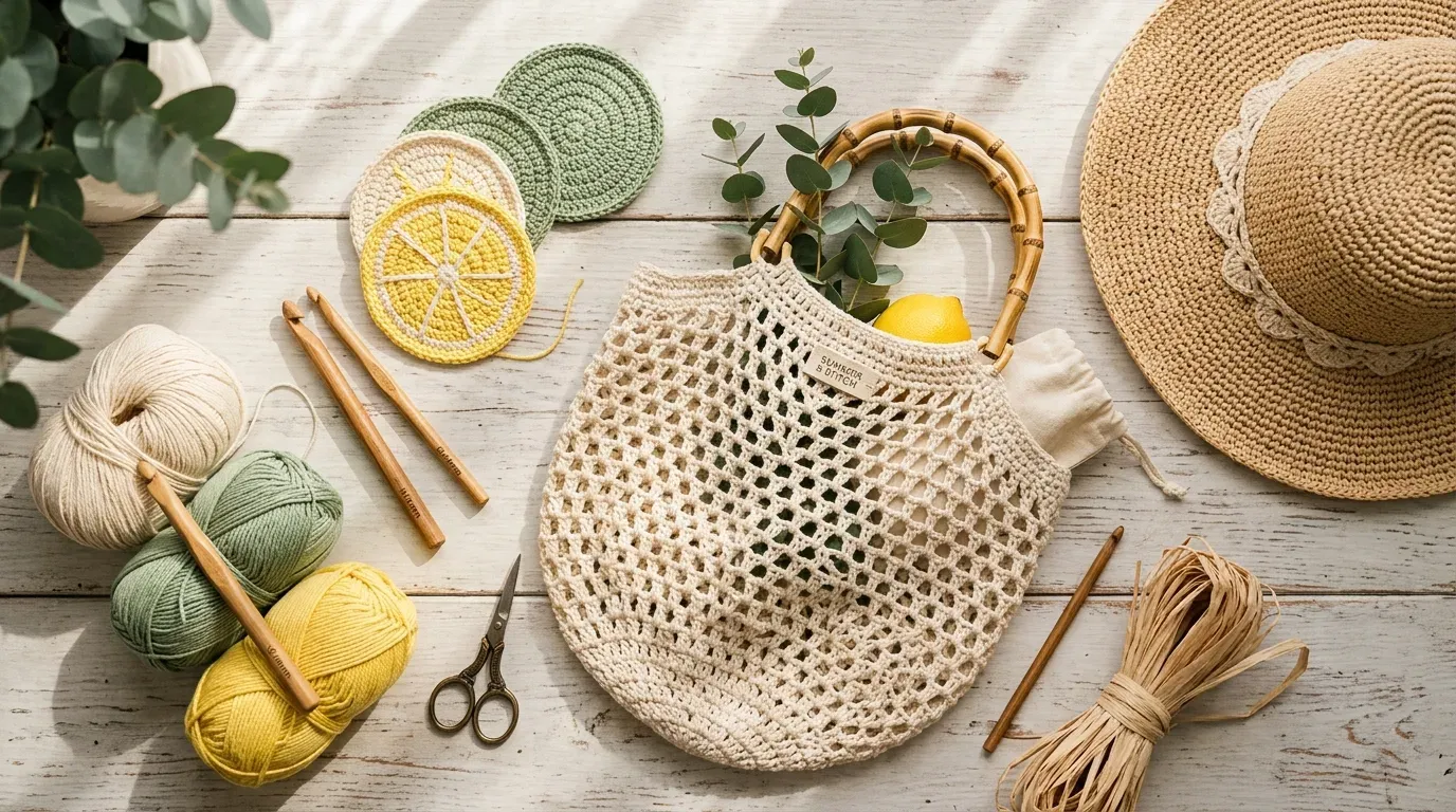 flat lay display of handmade summer crochet items including market bags and coasters