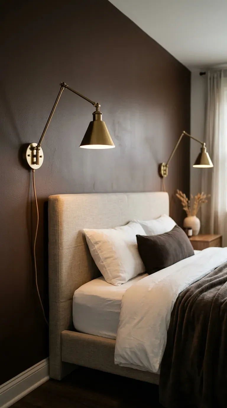 13 Genius Brown Bedroom Ideas You Will Want to Copy ASAP 2 matte chocolate brown accent wall behind a bed with brushed brass wall sconces