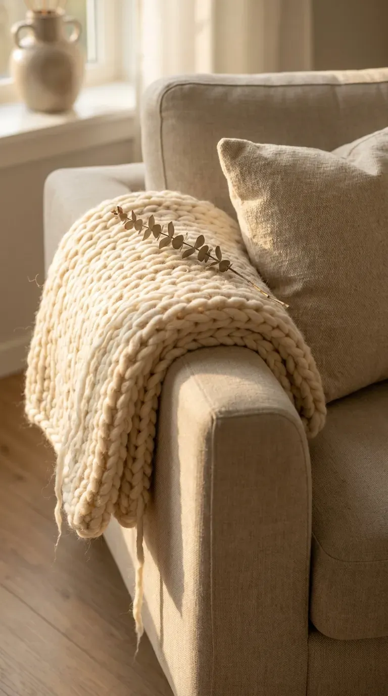chunky cream crochet throw blanket folded on a neutral armchair