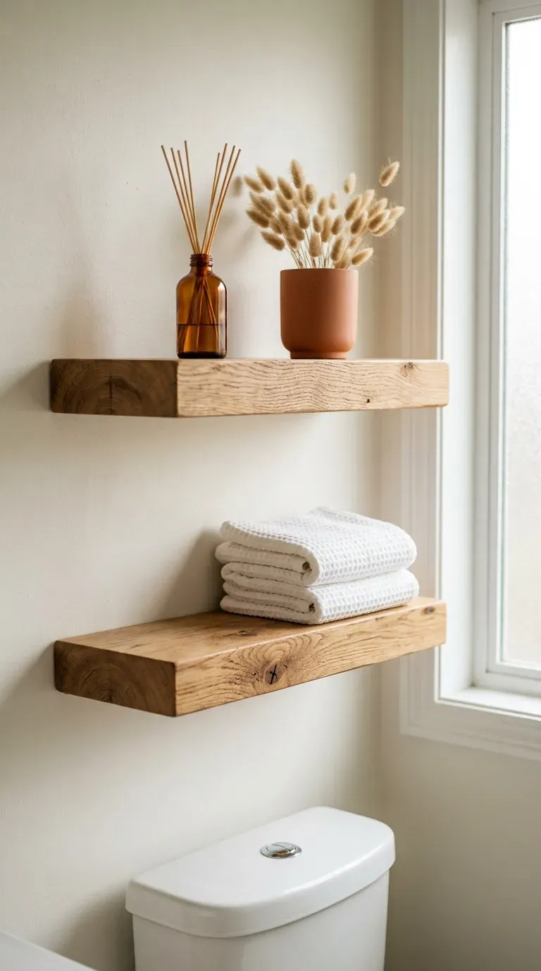 chunky oak floating shelves above toilet styled with diffuser and folded towels