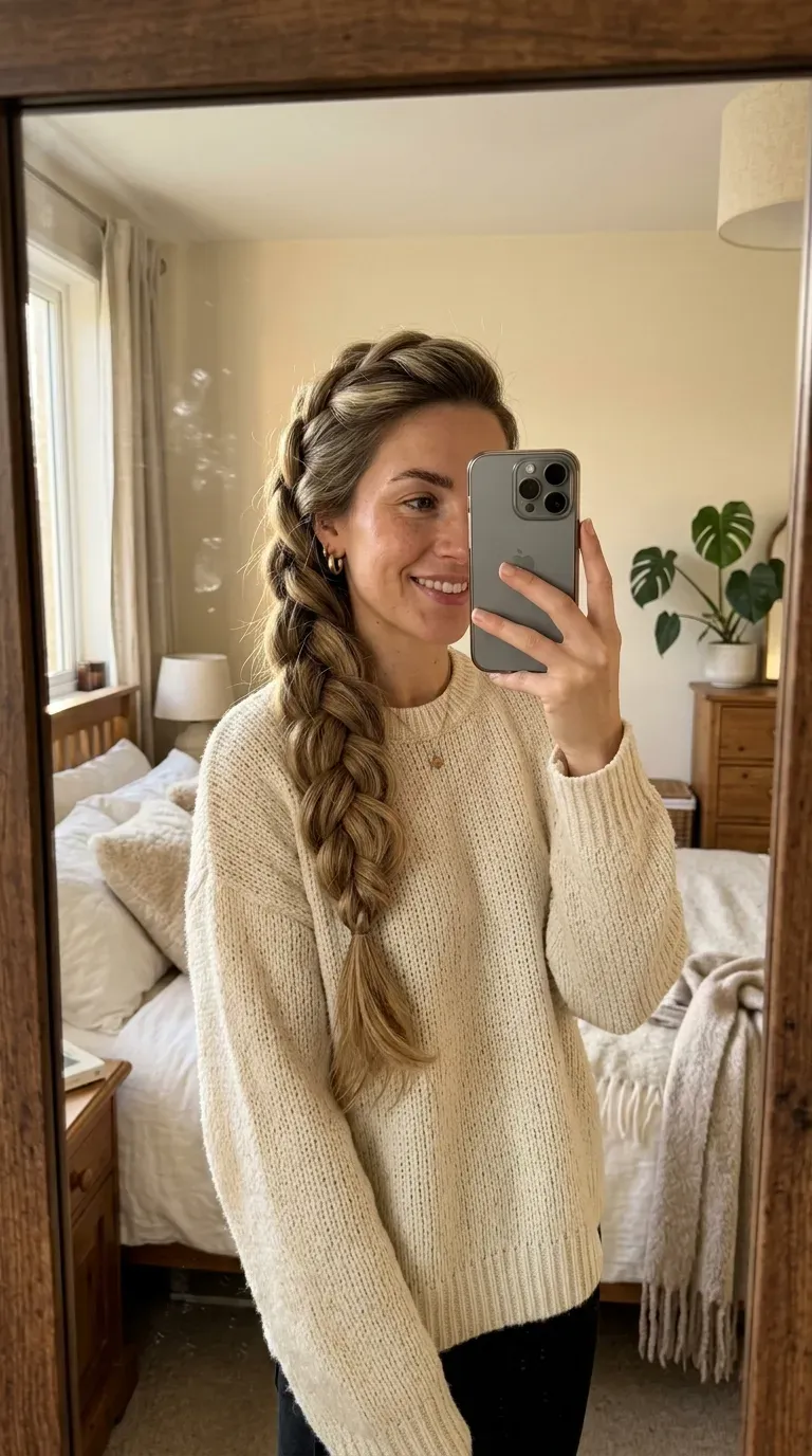 11 Winter Hairstyles for Women That Look Cozy, Chic, and Stylish 5 Woman taking an iPhone mirror selfie showing a chunky side braid with soft face-framing strands.