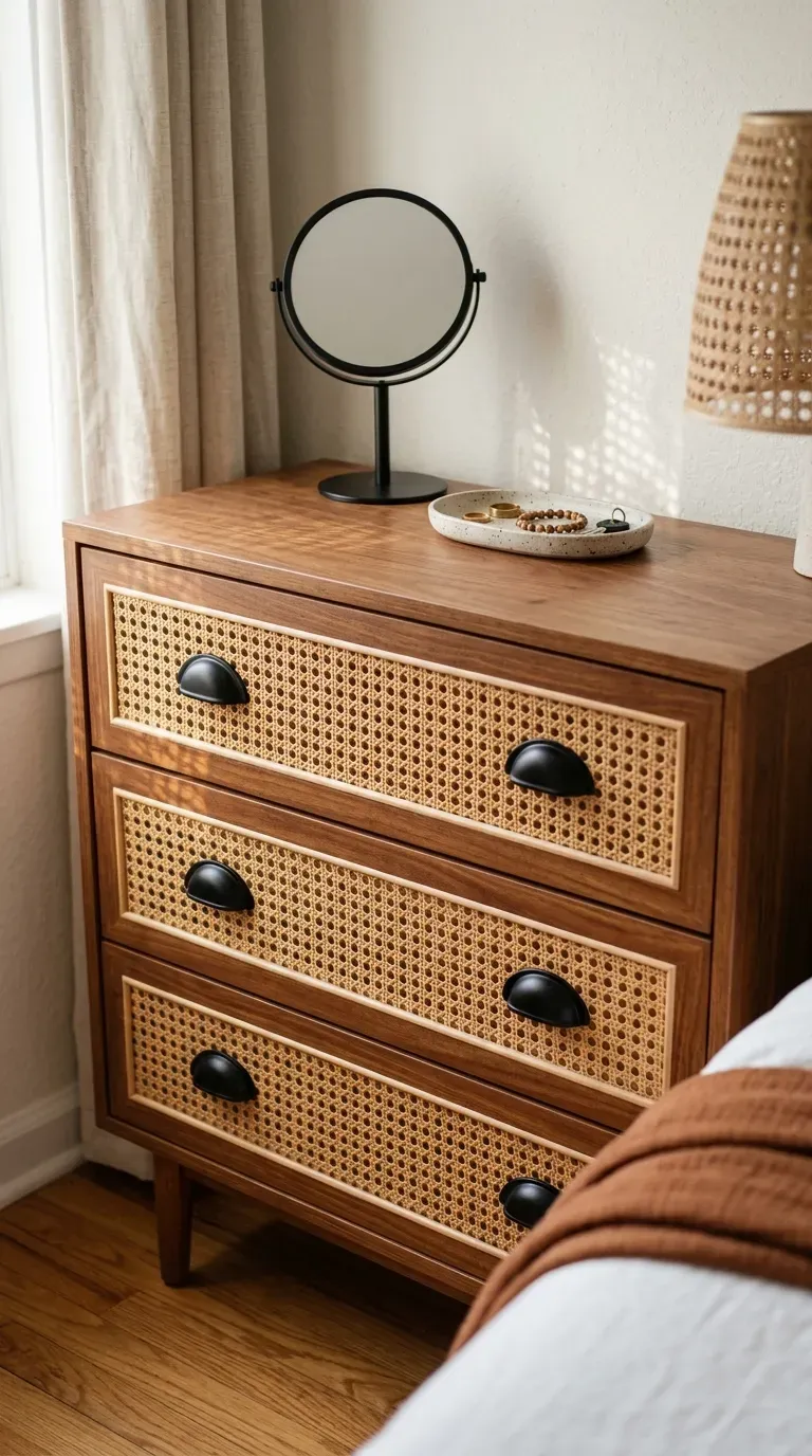 13 Genius Brown Bedroom Ideas You Will Want to Copy ASAP 13 cinnamon brown wooden dresser with woven cane drawer fronts in a bedroom
