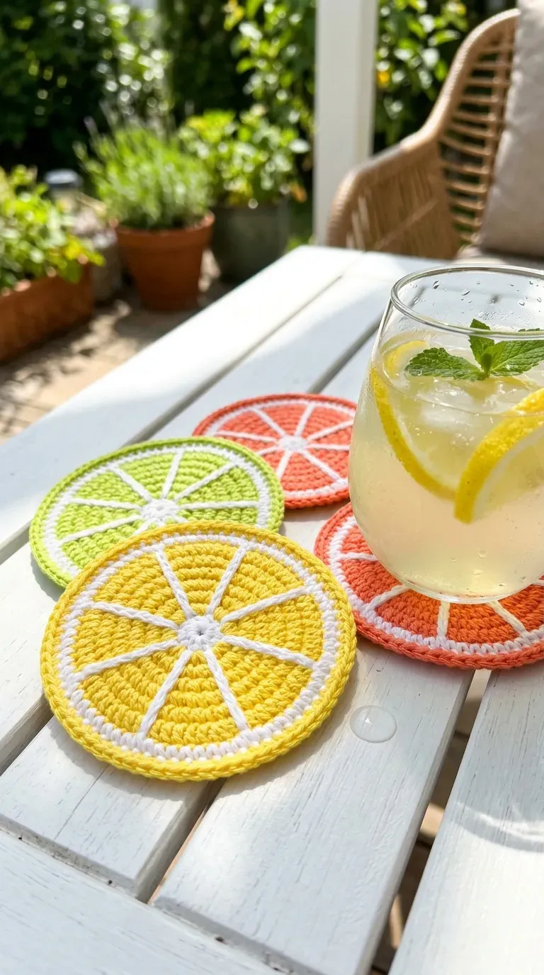set of colorful handmade crochet citrus slice drink coasters on an outdoor table
