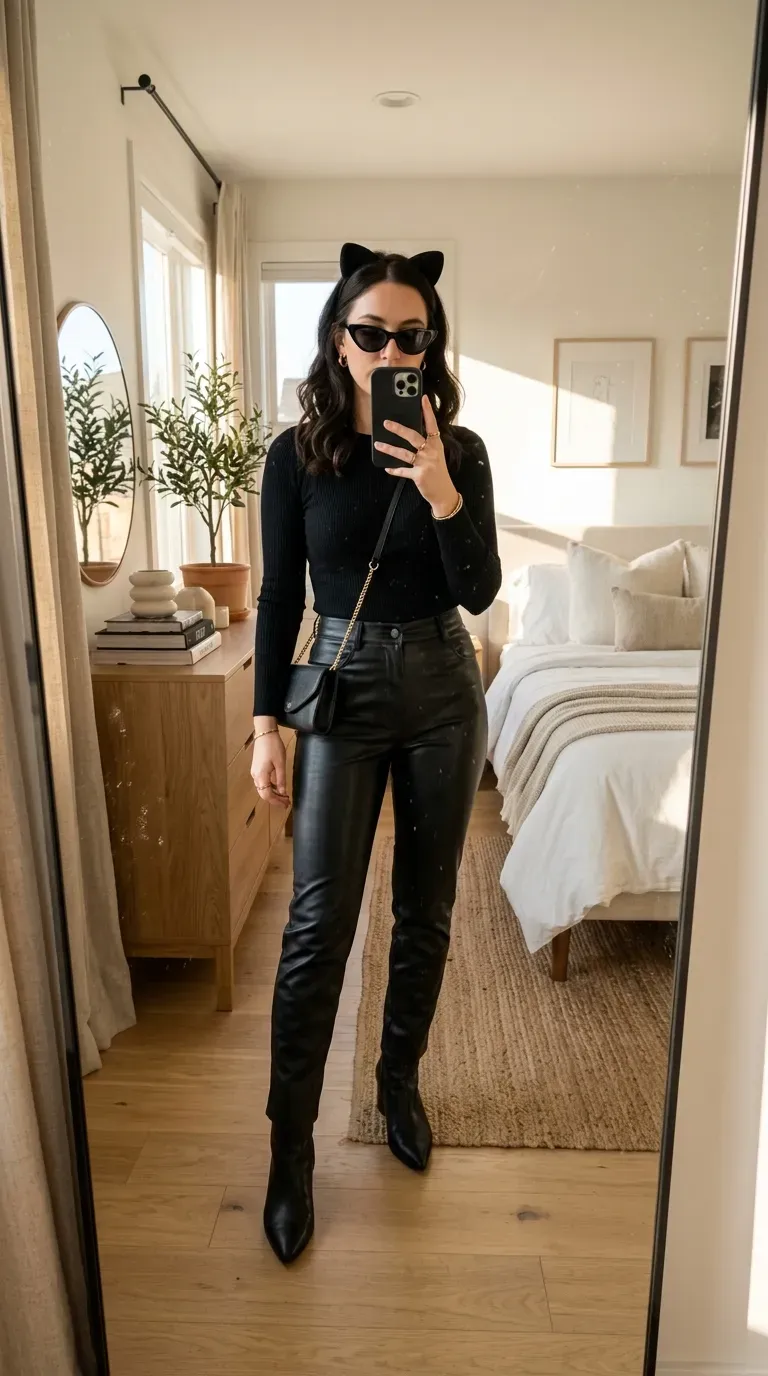Woman wearing chic black cat Halloween outfit with sleek black clothing and accessories.