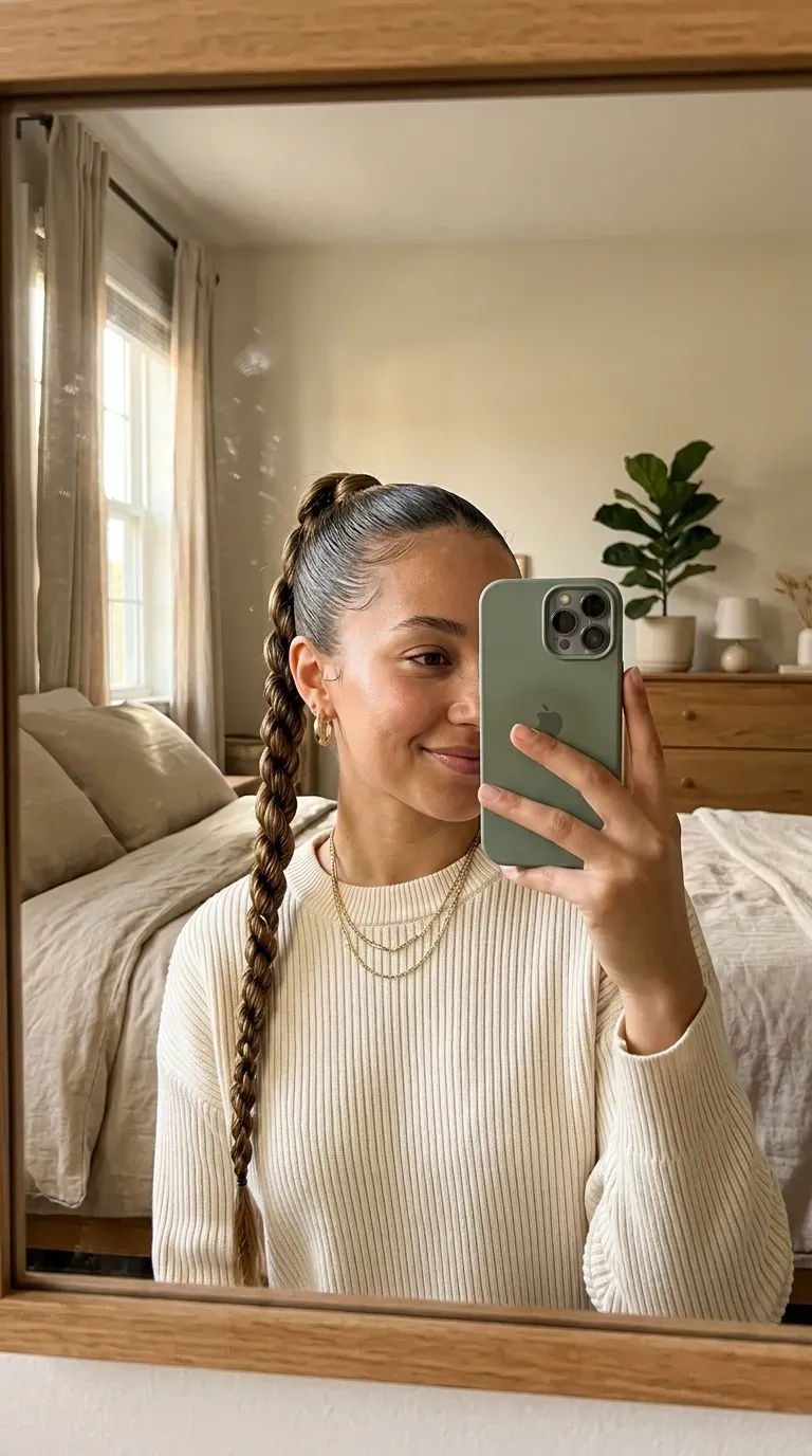 Woman taking an iPhone mirror selfie showing a sleek ponytail finished with a classic rope braid.